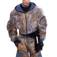 Finch Vêtement Personnalisé Dommages Détresse Boue Lavage Moto Denim Veste et Denim Pantalon 2 Pièces Jean Spray Enduit Crop Veste Ensemble Hommes