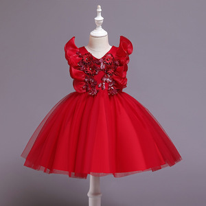 Robe de princesse rouge pour enfants, col en V, jupe en tulle, applique florale, robe de demoiselle d'honneur en forme de A - Product Image 1