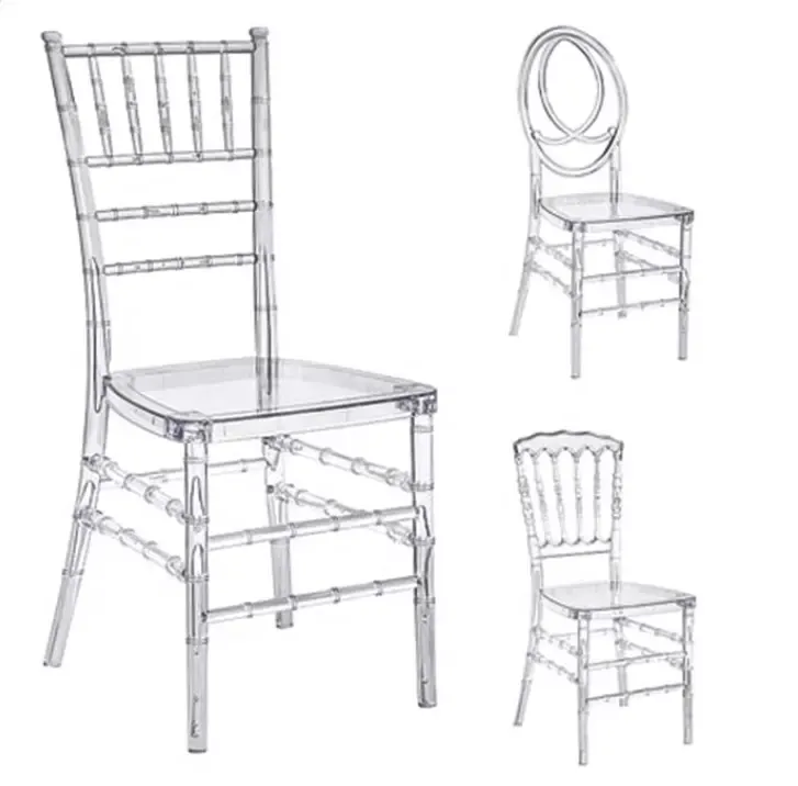 Chaise de banquet en cristal transparent en plastique résine acrylique tiffany chiavari pour événement de mariage hôtel