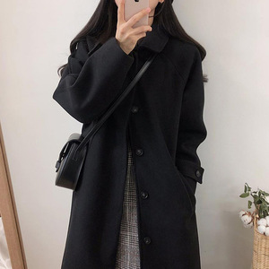 Women's <b>Wool</b> <b>Coat</b> <b>Black</b> Medium Thickness Solid Color Buttons Hepburn Style Autumn Winter Long <b>Coat</b> - Product Image 2