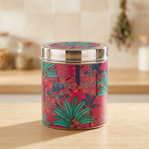 Round Stainless steel Food Container with Bohemian Tropical Print Red Airtight Lid 1-3L Storage Jar - Product Image 6