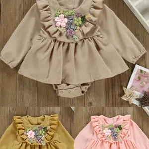 Детский цельный комбинезон для девочек, летняя трехмерная юбка с длинным рукавом и цветочным принтом, Одежда для новорожденных из органического хлопка