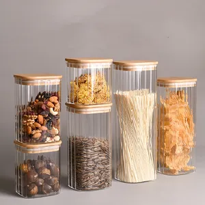 Juego de tarros de almacenamiento de alimentos/especias/café de vidrio de borosilicato alto cuadrado moderno tapas de bambú aptas para microondas para cocina Camping