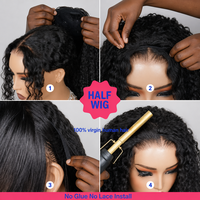 Perruque mi-tête bouclée birmane, perruque mi-tête afro crépue bouclée en cheveux humains, perruque sans colle avec cordon de serrage et clips invisibles, idéale pour les débutantes