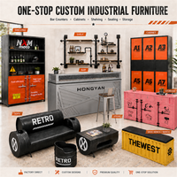 Comptoir de bar gris fer sur mesure d'usine OEM avec panneau d'affichage frontal, tiroirs et armoire, espace de travail ouvert pour hôtels, restaurants et caisses.