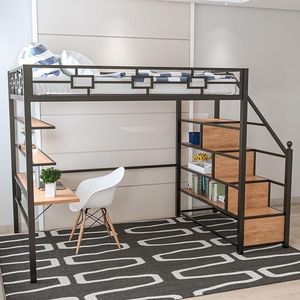 Lit superposé en fer forgé de style nordique avec rangement et barrière de sécurité, lit mezzanine multifonctionnel pour enfants et adultes - Product Image 2