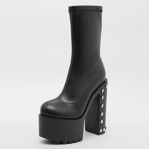 XSD New Round Head Leather Party Heels Black for Boots with Thick Heel and Bottom Ankle Height Boots for Autumn - Product Image 6