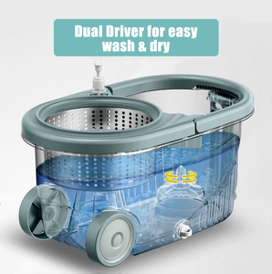 Serpillère rotative mains libres auto-nettoyante à double entraînement turbo 360° pour sols humides et secs, avec grandes roues en acier inoxydable et seau - Product Image 2