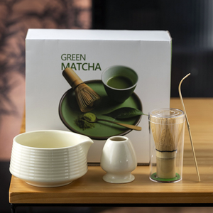 ชุดเครื่องตีชาเขียวไม้ไผ่4ชิ้นพร้อมโลโก้สลักและบรรจุภัณฑ์ที่กำหนดเองถ้วยชาเซรามิกพอร์ซเลนพร้อมขาตั้ง - Product Image 4