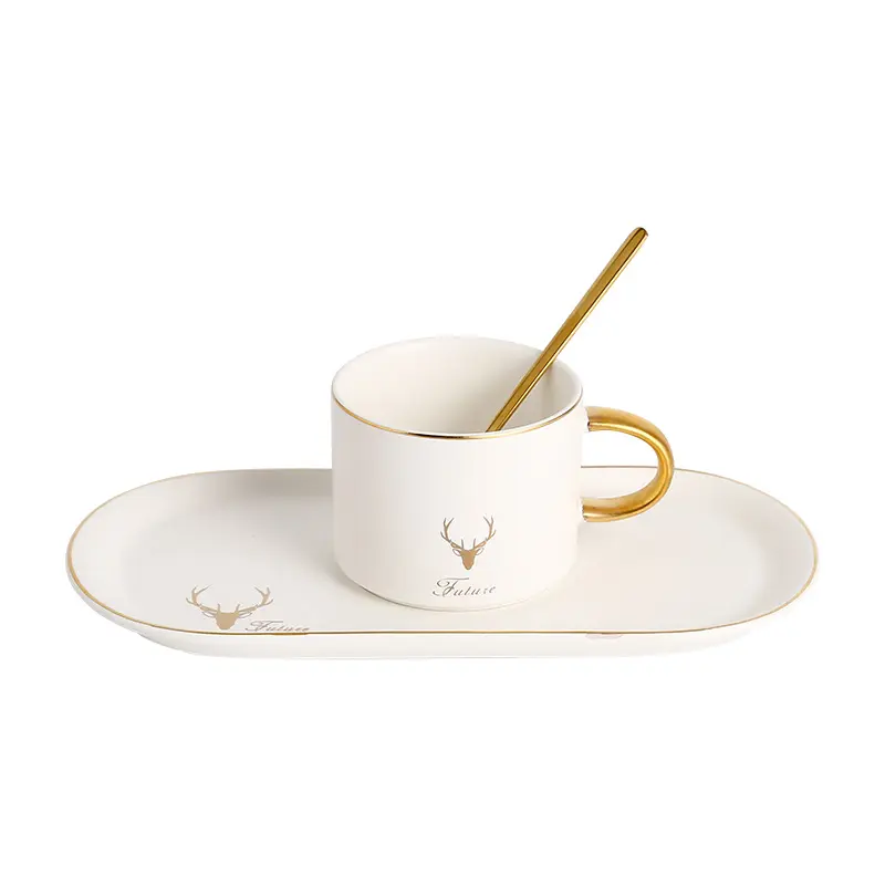 Tasses pour café, thé et sous-tasses en céramique, en porcelaine, couleur or blanc, ensemble cadeau, exquis et de luxe, pour expresso