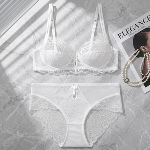 Conjunto de lencería de encaje blanco al por mayor para mujer, talla grande, sujetador push-up con aros y bragas, 2 piezas, lencería sexy transparente para mujer - Product Image 1