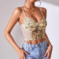Vente en gros de lingerie transparente rose en polyester pour femmes top corset brodé de fleurs en maille