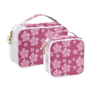 2-Pack Pink Flower Hawaii See Through Transparent <b>Make</b> <b>up</b> <b>Case</b> PVC Zipper Custom Logo Cosmetic Travel Pouch for Women and Men - Product Image 1