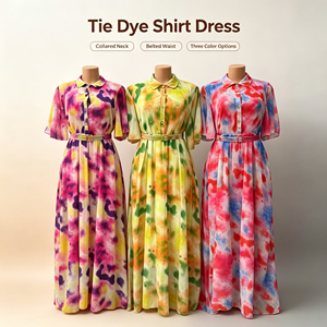 Robe chemise imprimée tie-dye à revers et boutons, avec pantalon évasé, manches courtes, ceinture intégrée, plis à la taille, jupe longue évasée en A - Product Image 5