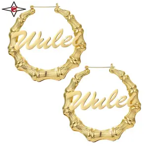 Custom Women Personalised Large 10k Gold Name Heart Hoop Earrings Stainless Steel Bamboo Earrings