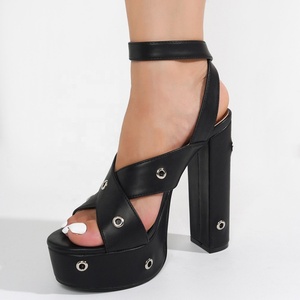 Metal Circles Ornaments Women Thick <b>Platform</b> Sandals Square <b>Open</b> <b>Toe</b> High Chunky <b>Heels</b> Cross Straps Denim Shoes - Product Image 4