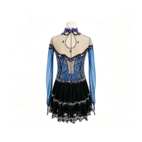 Robe de patinage artistique bleu-noir à manches longues en maille avec strass, jupe à volants en dentelle pour enfants et adultes, pour compétition et performance