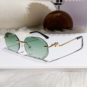 <b>Frameless</b> Beveled Sunglasses Green Lens Metal <b>Frame</b> UV400 Protection Unisex Outdoor Wear - Product Image 1