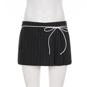 Minifalda Casual Tejida con Rayas Negras, Cintura Baja con Lazo y Fruncido, Estilo Vintage para Verano - Product Image 5
