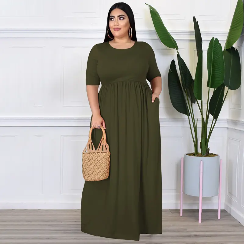 Maxi Abaya Dubai Met Pocket Moslim Casual Plus Size Korte Mouwen Solid Plain Innerlijke Abaya Jurk