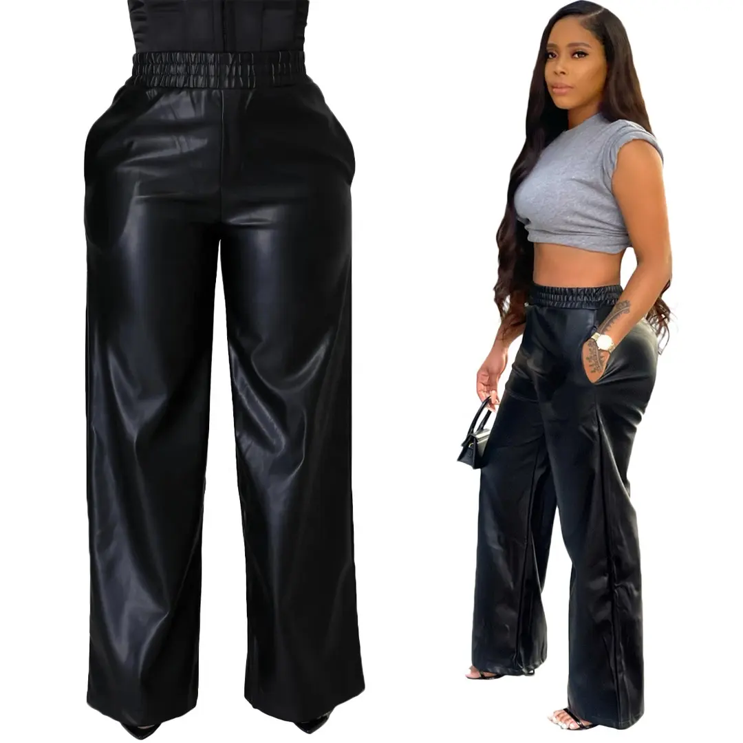 Wholesale black womens bottoms fall clothing 2021 Solid color loose pocket PU leather wide leg pants new arrivals