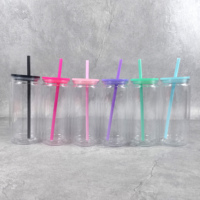 Gobelets en plastique transparent de 16 oz pour globe à neige, en acrylique à double paroi, pré-percés, avec couvercles colorés et paille, entrepôt américain