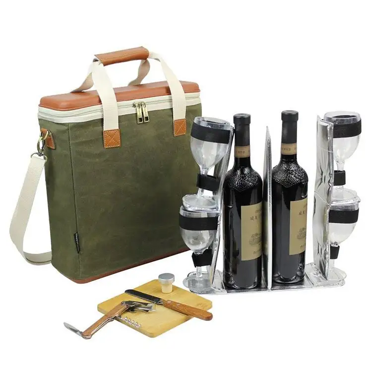 Free sample Wax Canvas 3 Bottle Wine Carrier, EVA Molded Beverage Cooler Bag for Travel, Champagne Drink Carrying Tote with 4