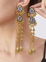 Boucles d'oreilles pendantes plaquées or style bohème rétro vintage, ethniques, tribales, géométriques, avec cristaux, strass et pampilles cloche, bijoux de mariage