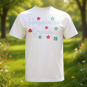 T-shirt con fiori carini motivazionali Happiness Grows, bianca, taglia unisex per adulti - Product Image 3