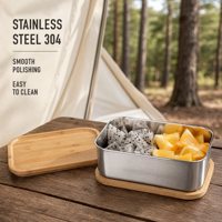 Boîte à lunch en acier inoxydable 304 avec couvercle en bambou et bande élastique pour le camping, les pique-niques et la préparation des repas