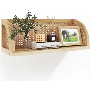 Estantes de pared de madera con tapices de ratán para sala de estar, estantes <span class=keywords><strong>flotantes</strong></span> de estilo bohemio natural, estantes montados en la pared de almacenamiento - Product Image 1