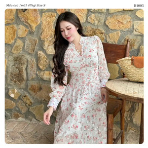 Vestido Maxi de Gasa Floral para Mujer con Cuello con Volantes, Manga Larga, Cintura Fruncida y Corte Fluido en Línea A, Venta al por Mayor OEM ODM - Product Image 3