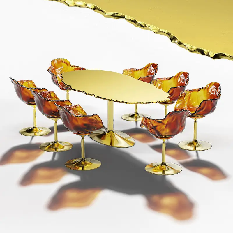 Mesa de metal luxuosa transparente, conjunto de mesa de aço inoxidável de resina acrílica moderna para sala de jantar e cadeiras
