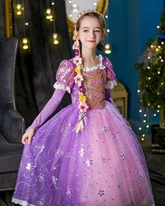 Costume da Principessa <span class=keywords><strong>Rapunzel</strong></span> per Bambine, Vestito Rosa con Paillettes e Fiori in Tulle, per Halloween, Cosplay TV e Film, in Poliestere - Product Image 3