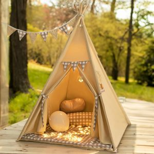 Imprimir Gingham Kids Play Tent Play House Toys Carpa tipi para niños pequeños con alfombrilla acolchada Bunting Banner Fairy Lights - Product Image 6