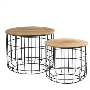 Set Of 2 Iron MDF Metal Wire Round Coffee Table Set Living Room Table