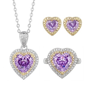 Fashion Eco-friendly Copper Two Tone Heart 10*10-6*6mm Purple High Carbon Diamond Jewelry Wedding Necklace <b>Earrings</b> Ring <b>Set</b> - Product Image 1