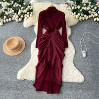 Robe longue élégante rouge à col semi-montant, plissée, à manches longues, coupe trapèze, ajustée à la taille, de luxe, pour femme, tenue de bureau formelle