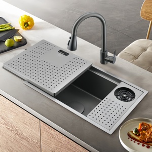 Évier de cuisine îlot/bar en acier inoxydable SUS304 fait main, à cuve unique, avec couvercle, gris bronze, dissimulé - Product Image 1