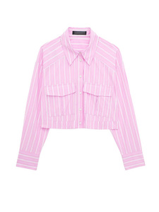 <span class=keywords><strong>Camicia</strong></span> Corta da <span class=keywords><strong>Donna</strong></span> a Righe Verticali con <span class=keywords><strong>Colletto</strong></span> a Punta, Tasche Applicate, Maniche Lunghe, Stile Casual e Streetwear, OEM all'Ingrosso - Product Image 5