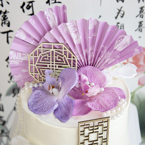 Honey And Sweetness Chinese Style Cake Decoration Acrylic Orchid Fan Wooden Screen Insert For Wedding Cake Topper - Product Image 2