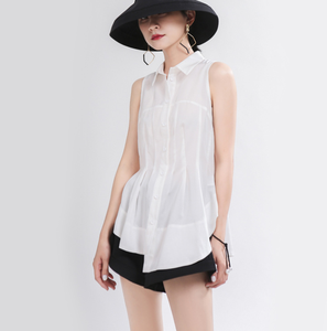 2020 femmes taille plissée sans manches Blouse Structure tridimensionnelle grand Arc ourlet plissé taille chemise blanche - Product Image 2