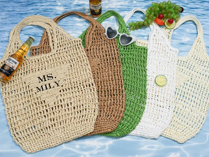 Sac fourre-tout tissé violet en paille et raphia brodé, fait main, écologique, pour femme, idéal pour la plage et les vacances - Product Image 4