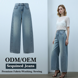 Jeans da <span class=keywords><strong>Donna</strong></span> Stile Europeo con Paillettes e Strass, Gamba Larga, Blu Chiaro, <span class=keywords><strong>Pantaloni</strong></span> in Denim di Alta Qualità con Perline, Primavera ODM 100% - Product Image 1