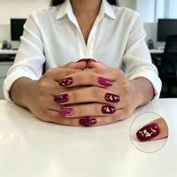 Faux Ongles Press-On Dorés Bourgogne en Gros, Forme Amande, Élégants, Personnalisables avec Logo, Réutilisables pour Femmes