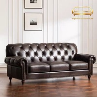 Canapé en cuir véritable à trois places de style rétro américain avec fermeture éclair, rembourrage en éponge haute résilience, luxe léger européen pour salon