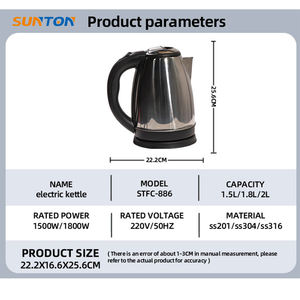 Hervidor de agua eléctrico de acero inoxidable inalámbrico superventas SUNTON portátil 1500W 1.8L/2L - Product Image 6