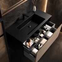 Meuble-lavabo de salle de bain en mélamine avec finition bois, cadre en métal noir et robinet