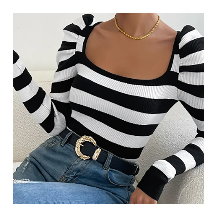 2024 New Slim Fit Pattern Square Neck Bubble Sleeve T-Shirt Women'S Stripe Pullover Over Long Sleeve Top