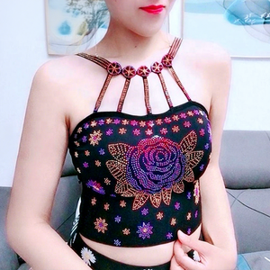女性夏季韩版性感花朵水钻玫瑰夜总会闪亮亮片修身针织吊带背心无袖吊带背心 - Product Image 1